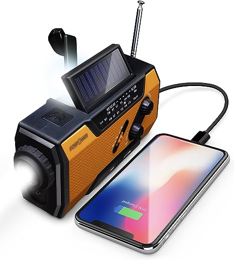 FosPower yellow and black radio charging a phone